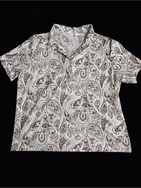 Short-Sleeve Paisley Polo Shirt - White with Brown Print